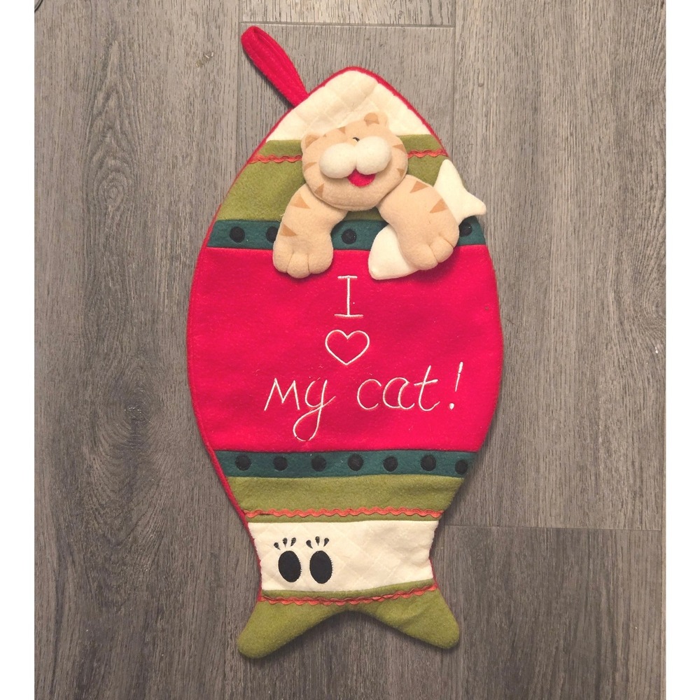 I Love My Cat Fish Shaped Christmas Stocking Red Green 3D Plush Tabby 20 Inch